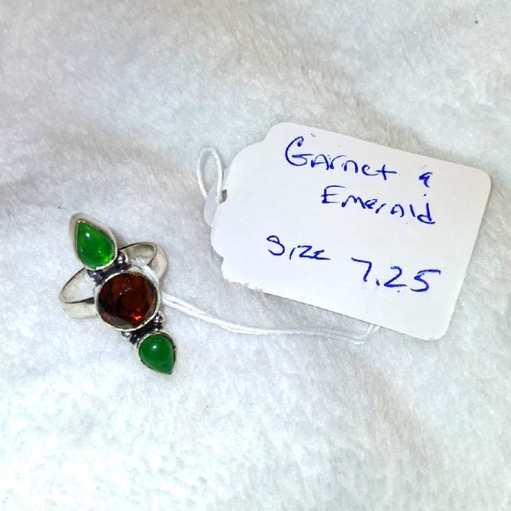 Hand Crafted Silver Ring with Garnet and Green Stones